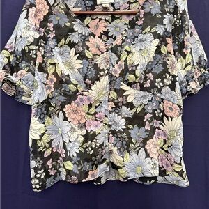 Brannan XL Floral Peplum Blouse Cottagecore V Neck Button Front Puff Sleeve Top